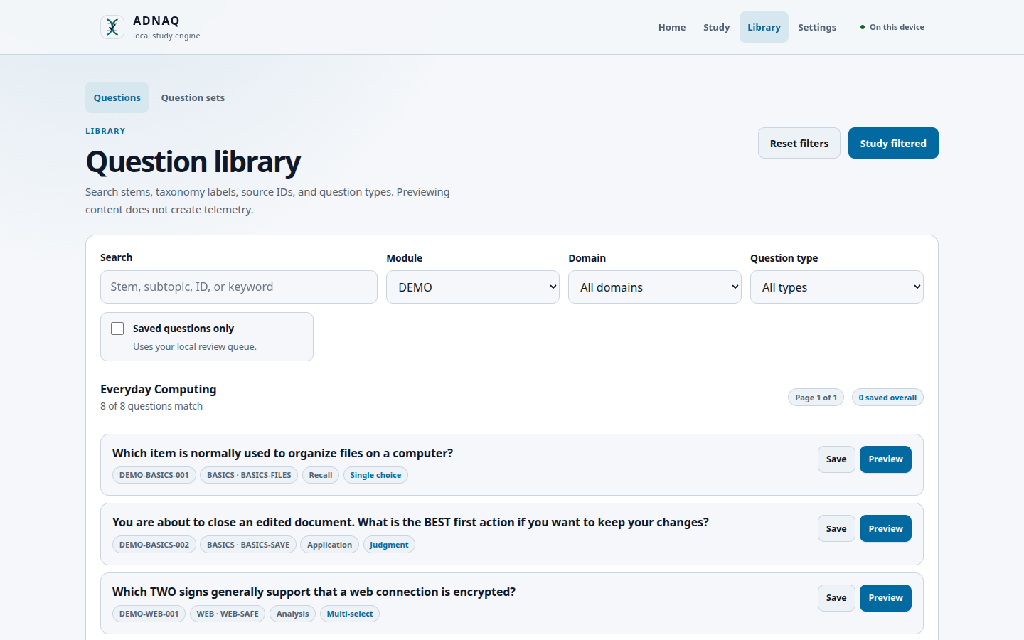 adnaq content library with the locally imported demo kit