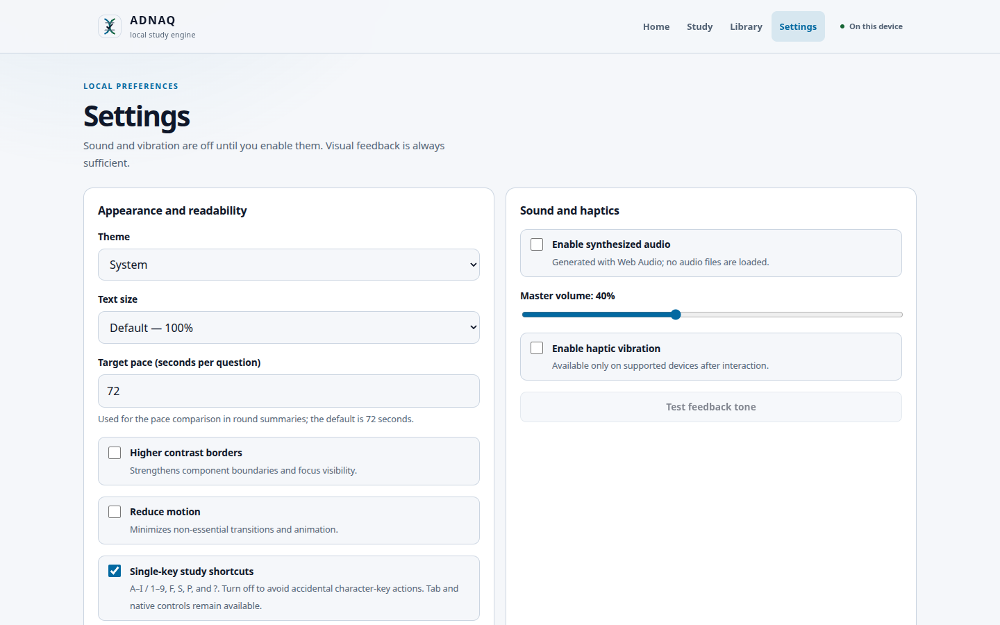 adnaq settings for local data, appearance and study preferences