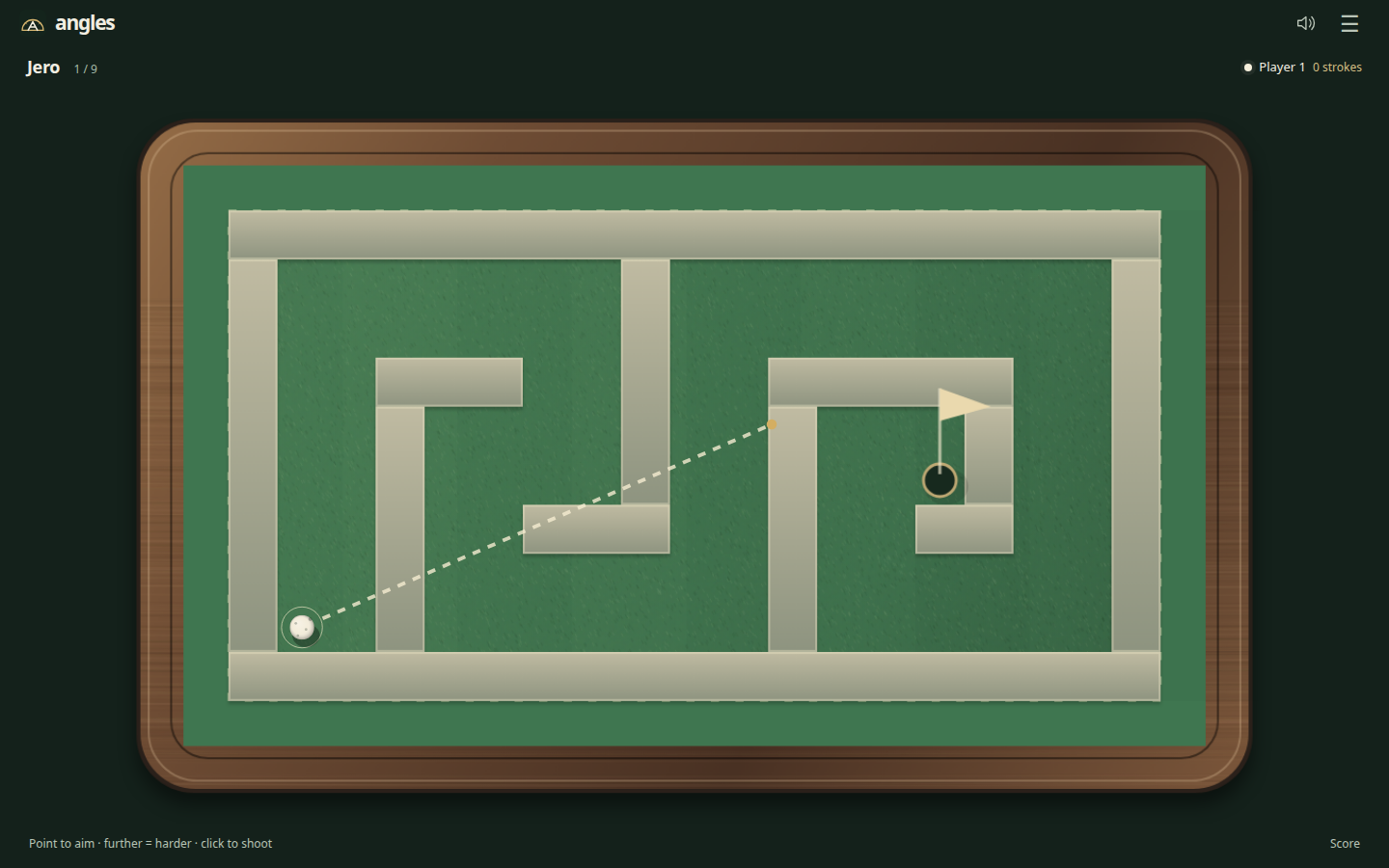 Angles minigolf, the first hole of nine, with the dashed aiming line drawn from the ball toward the cup
