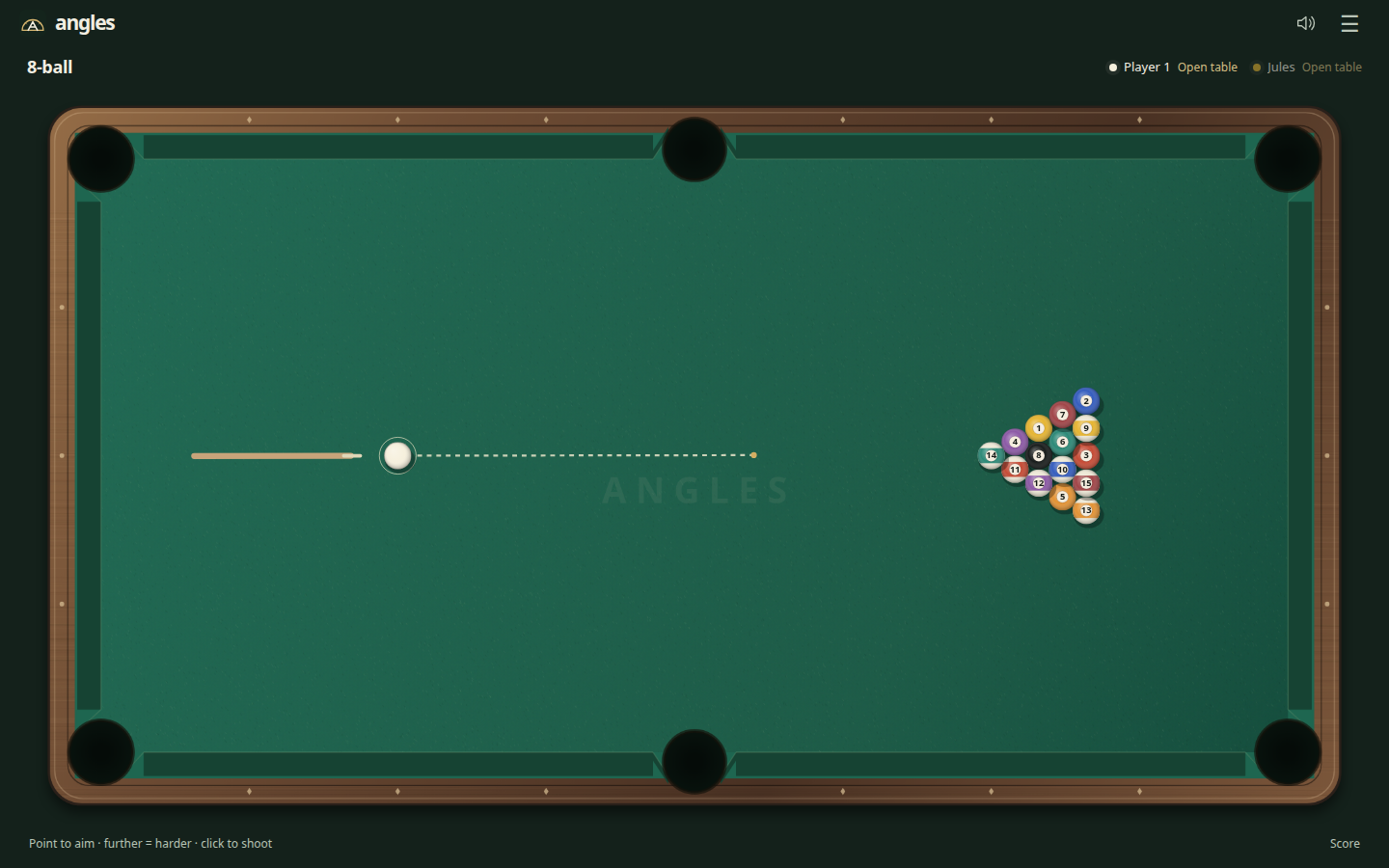 Angles 8-ball before the break against the computer opponent Jules, with the cue and aiming line drawn