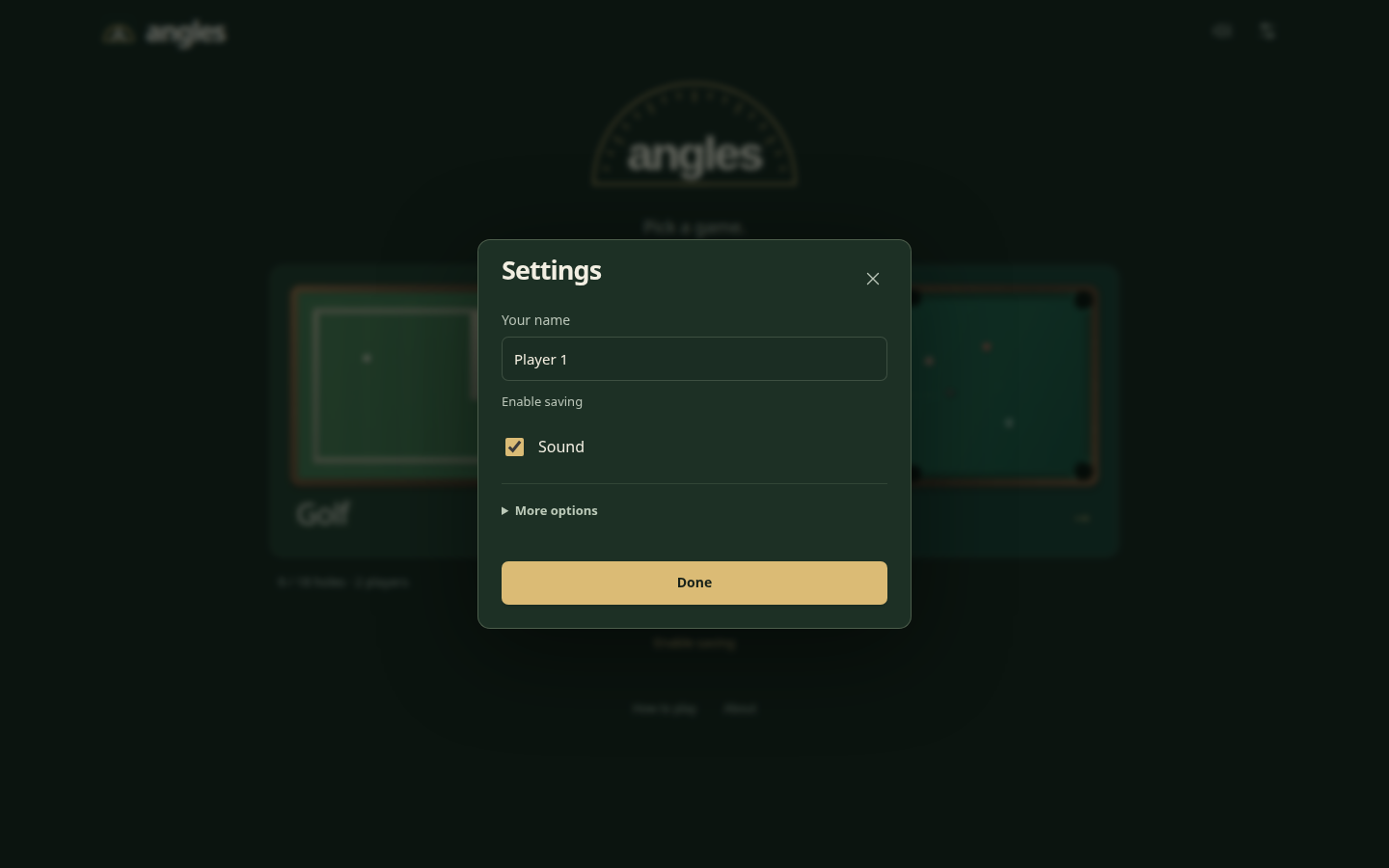 Angles settings: your name, saving and sound