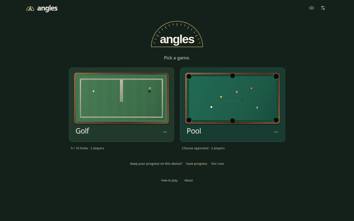 Angles 1.0 title screen with the golf and pool choices