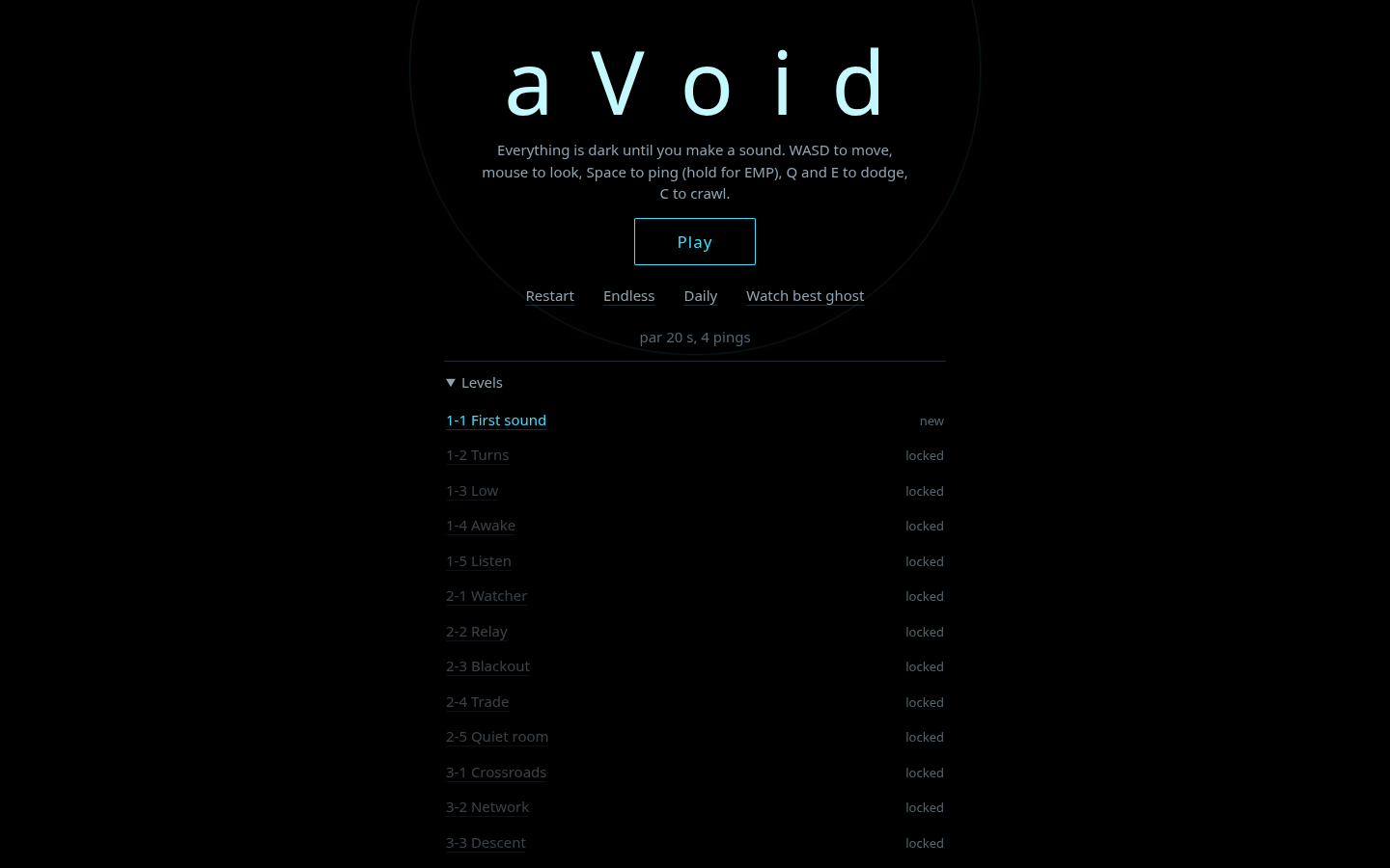 aVoid campaign level list showing three acts and fourteen named levels