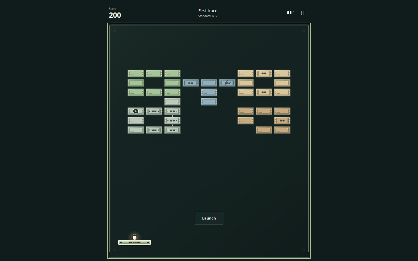Brickwork in the Circuit Foundry world, board First trace: green, blue, sand and grey circuit-panel bricks on a dark green board, one cracked, with a linked group and a plus pickup, score 200