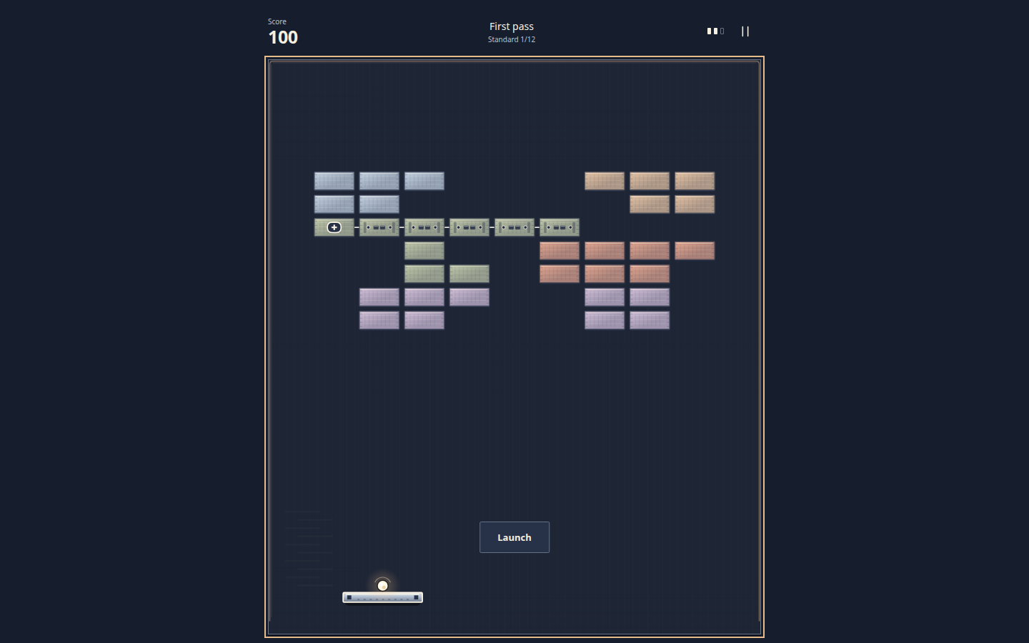 Brickwork in the Loom Room world, board First pass: muted woven-texture bricks on a dark navy field, with a chain of braced bricks across the middle, score 100 and a Launch button
