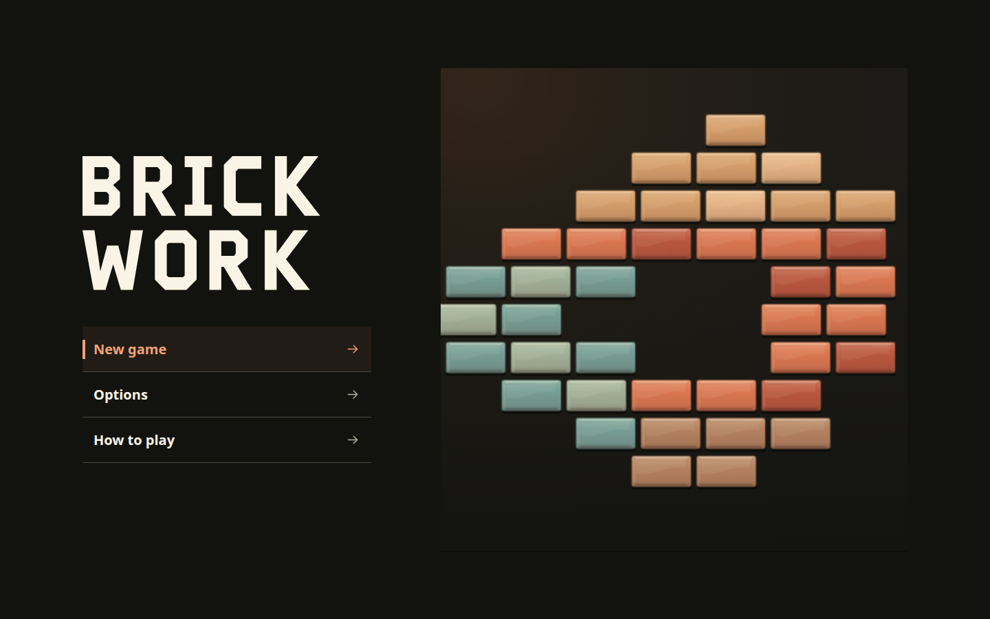 Brickwork main menu: the blocky BRICK WORK wordmark above New game, Options and How to play, beside a ring of terracotta, sand, sage and teal bricks