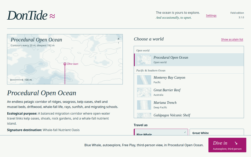 DonTide 3.1.0 main menu with its ocean atlas, world selection, animal and dive choices, and Field edition version label