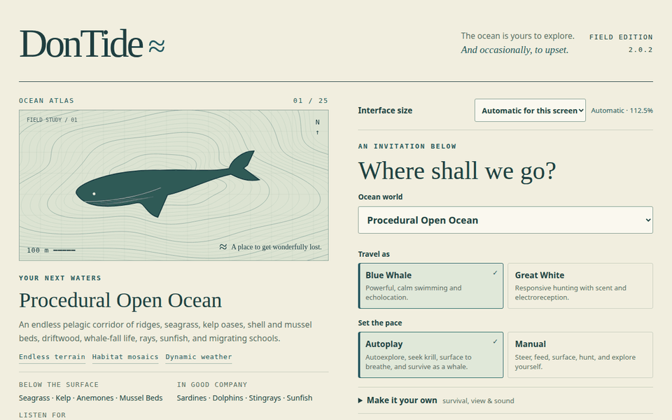 The dontide.app main menu in version 2.0.2, the version shown at the top right beside FIELD EDITION: the ocean atlas on the left and the world, animal and pace choices on the right