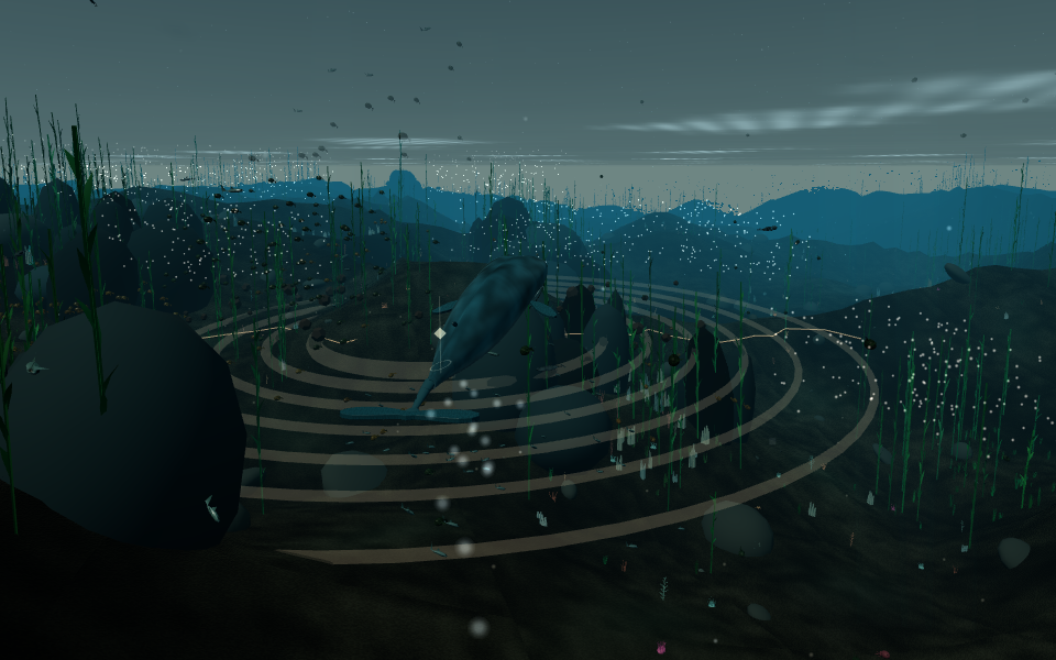 The same whale and kelp coast as the earthquake settles after Stop all events, with rings and suspended particles visible and the HUD hidden