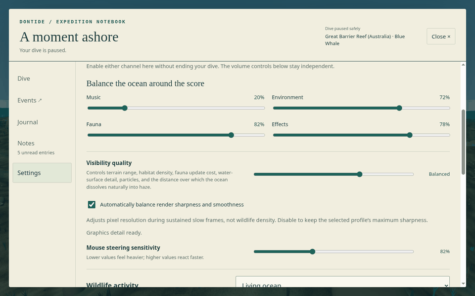 The dontide.app dive settings: the music, environment, fauna and effects volume sliders, and the Visibility quality graphics profile set to Balanced