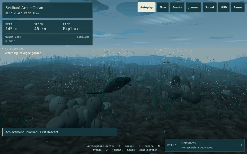 A blue whale on Free Play autoexplore in dontide.app's Svalbard Arctic Ocean, 145 metres down over an ice algae garden