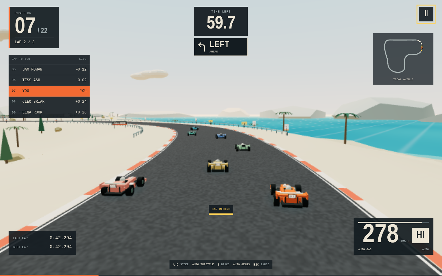 FULL SEND on Tidal Avenue as the road bends left along the sea: the orange car at 278 km/h with a red rival alongside and five more cars ahead, position 7 of 22 on lap 2 of 3, a LEFT AHEAD cue and a last lap of 0:42.294