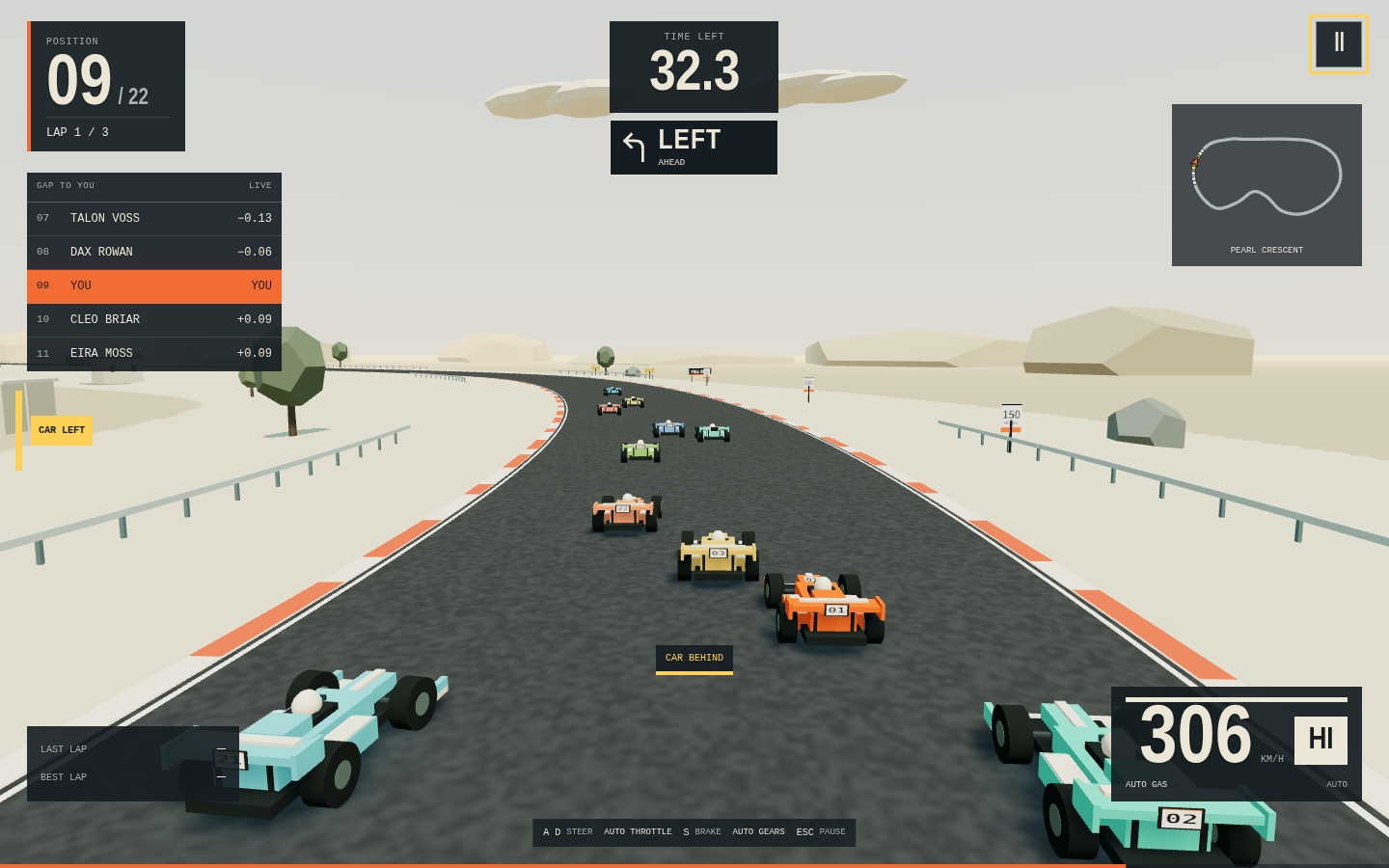 FULL SEND on the desert circuit Pearl Crescent: the orange car 01 at 306 km/h on a left-curving road with orange and white kerbs, pale sand, guardrails and boulders, a pack of rivals ahead and two teal cars passing close, with a LEFT turn cue and CAR LEFT and CAR BEHIND warnings