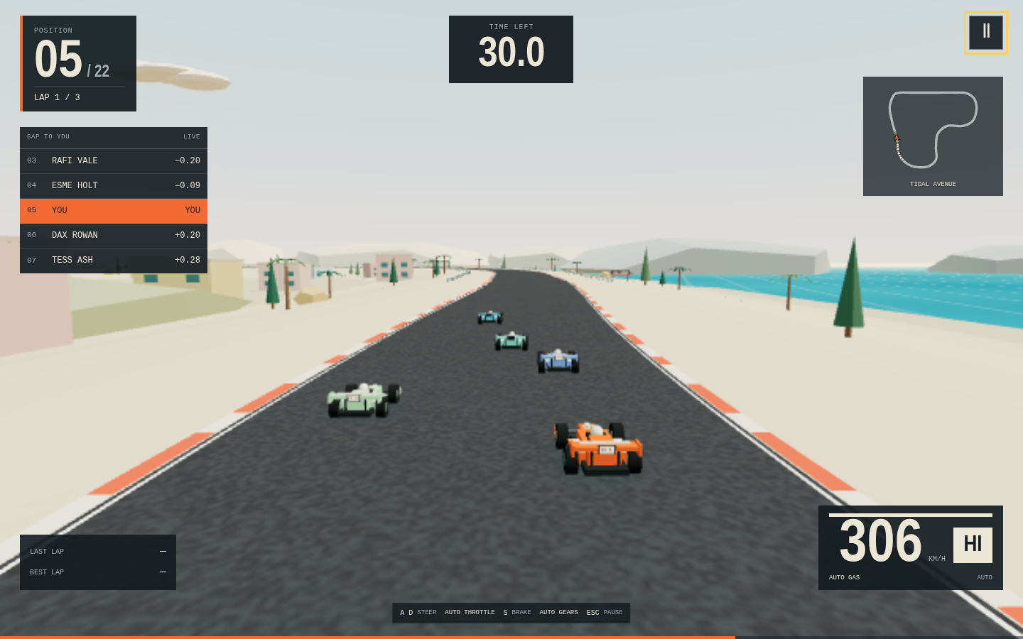 FULL SEND chase-camera view on Tidal Avenue: an orange open-wheel car at 306 km/h on dark asphalt beside a turquoise sea and a sandy shore with palm trees, four rivals ahead, and a HUD with position 5 of 22, lap 1 of 3, the time-left clock, a live gap table and a minimap