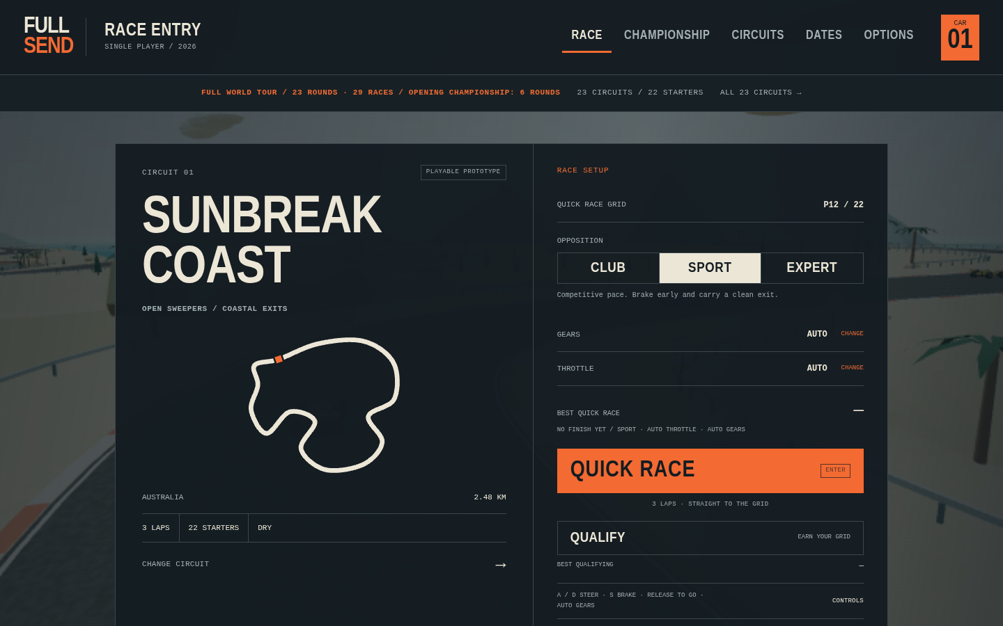 FULL SEND race entry screen for circuit 01, Sunbreak Coast: the course name in large cream capitals beside a white outline track map with an orange start marker, 2.48 km, 3 laps and 22 starters, and a race setup panel with grid P12 of 22, Club, Sport and Expert opposition, automatic gears and throttle, and an orange Quick Race button above Qualify