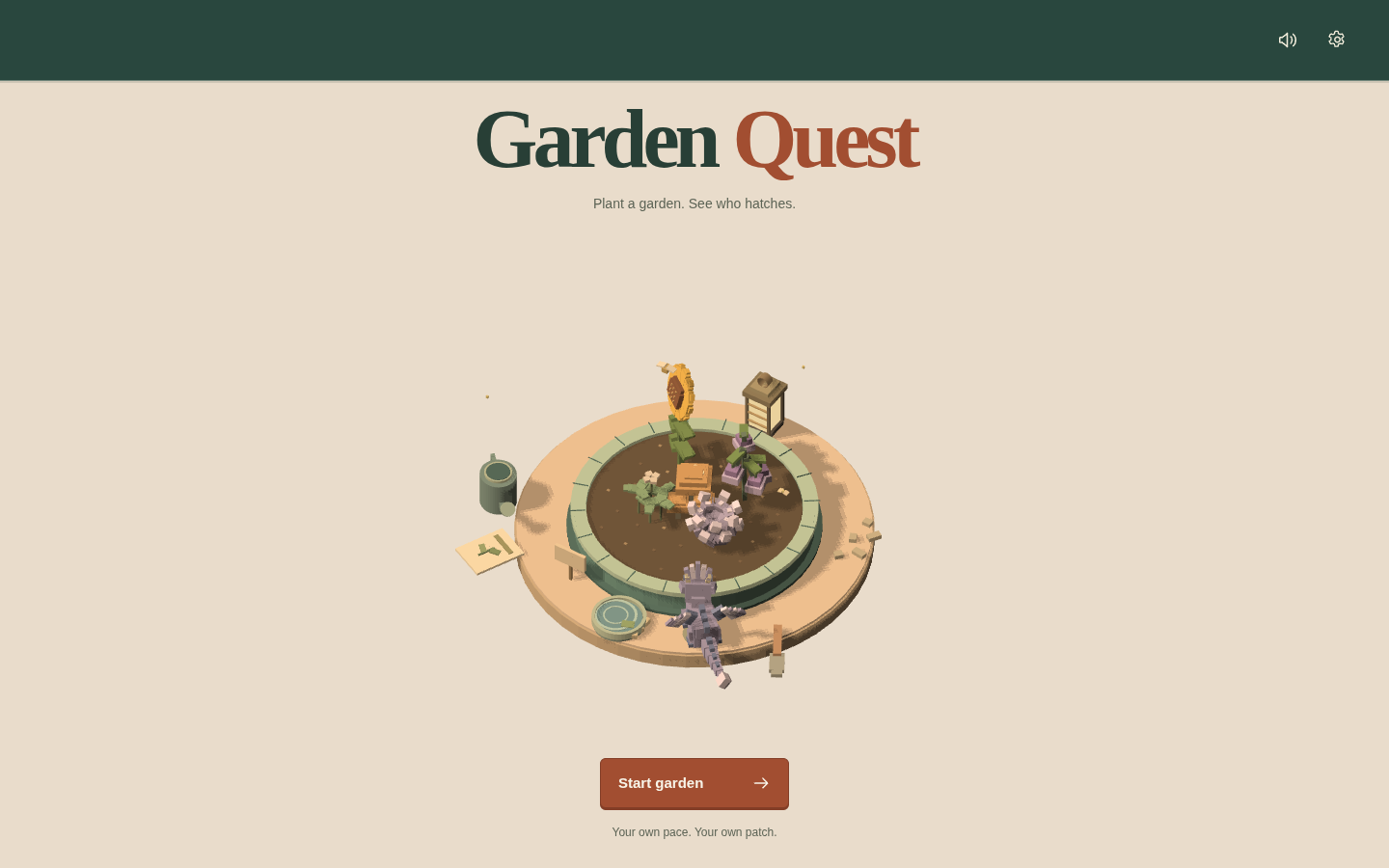 Garden Quest 3.0 title screen with a demonstration garden and Start garden