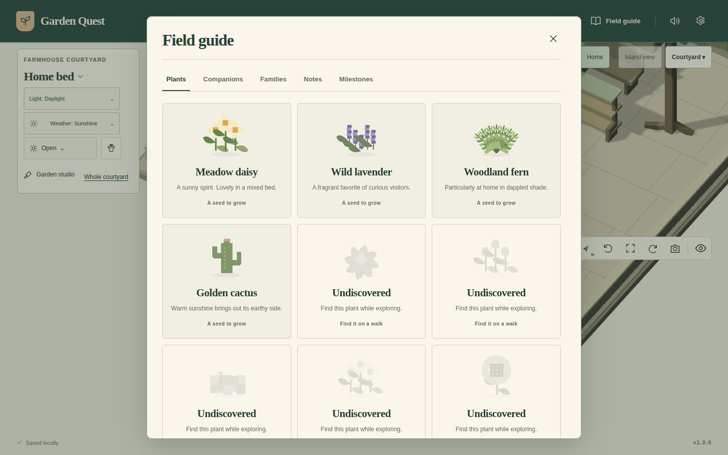 Garden Quest field guide showing starter plants, undiscovered entries and Plants, Companions, Families, Notes and Milestones tabs