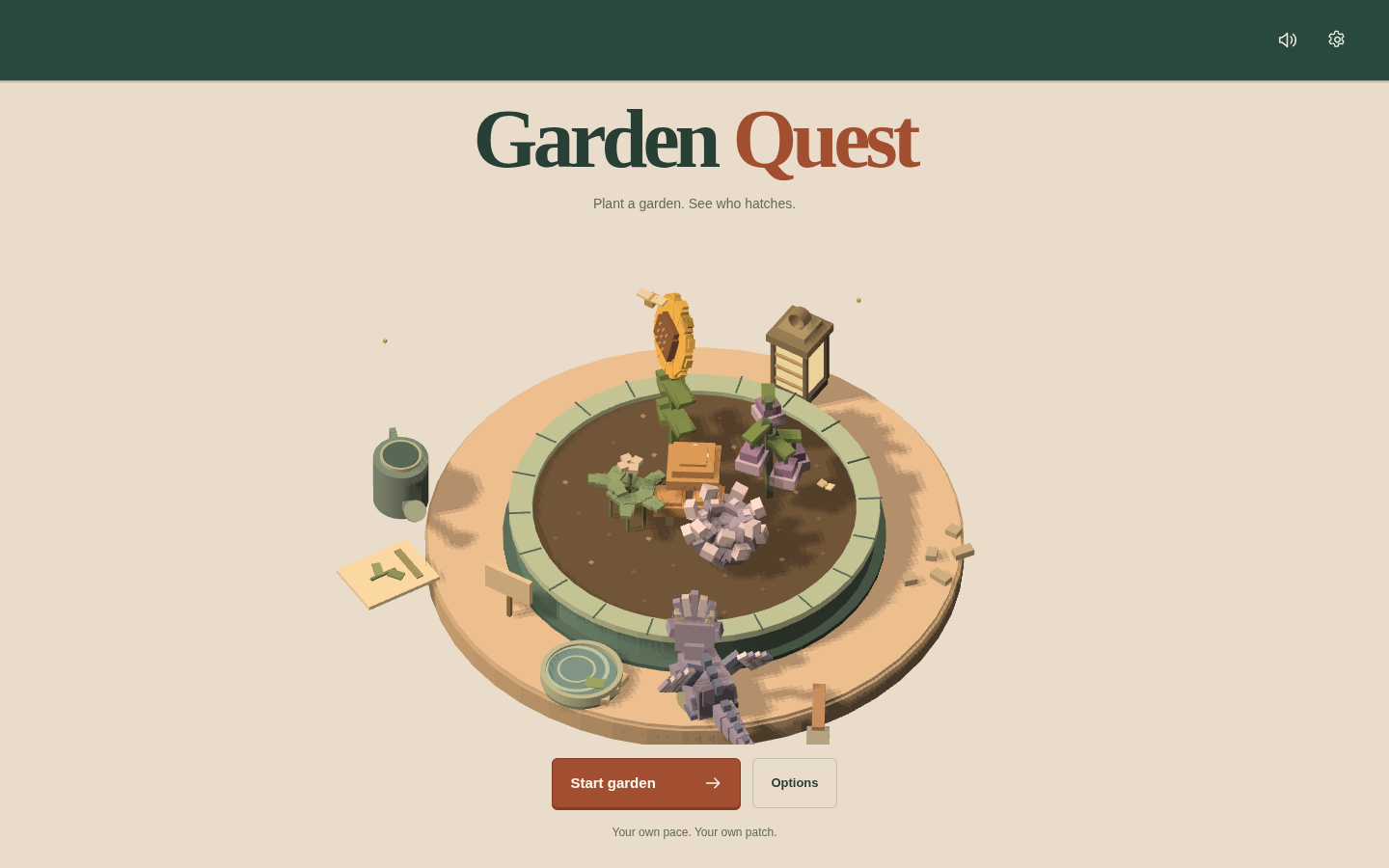 Garden Quest title screen with a planted demonstration bed, voxel-style dragon companions and Start garden control