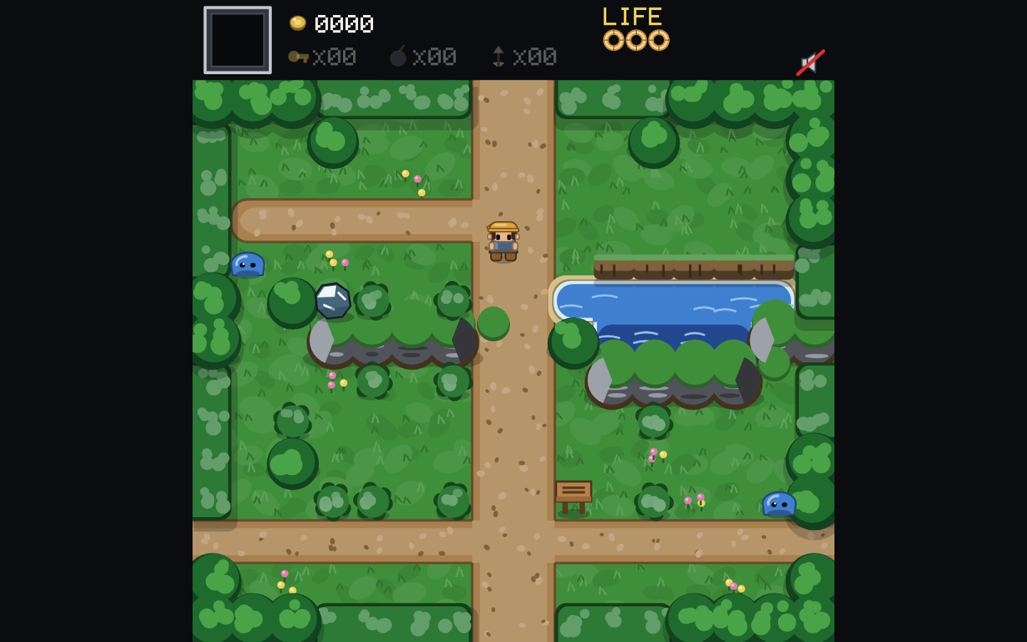 hlttp in the classic renderer: the same Alderfen crossroads redrawn in the original pixel style, with the hero in a straw hat, a pond, mossy rock walls and two blue slimes