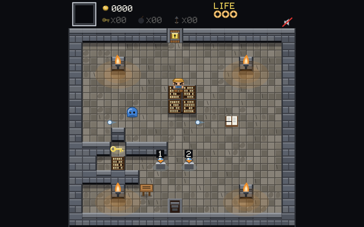 hlttp in the classic renderer: the same archive hall in the original pixel style, with torches, numbered switches, bookshelves, a key and a blue slime