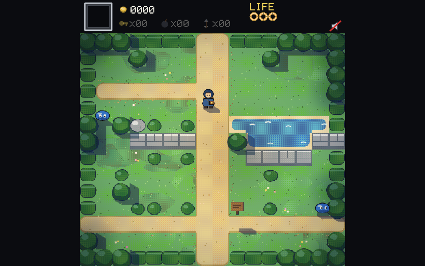 hlttp in the HD renderer: the hooded hero on a sandy crossroads in Alderfen with a pond, stone walls, two blue slimes and a wooden signpost, under the coins, keys, bombs, arrows and life hearts bar