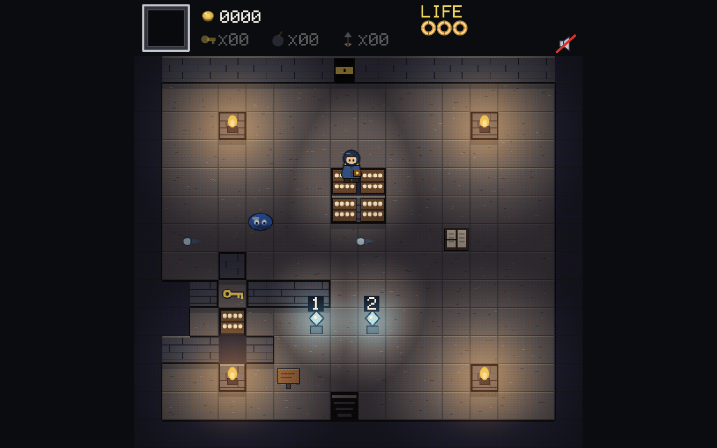 hlttp ruin interior in the HD renderer: the Old Archive hall lit by four wall torches and two glowing crystal switches numbered 1 and 2, with bookshelves, a golden key, an open book and a locked door at the top