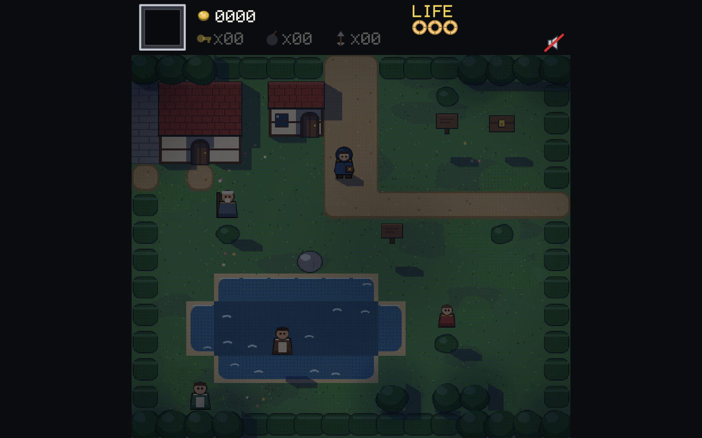 hlttp at night in the HD renderer: Alderfen village in a dim blue light, with two cottages, a pond, three villagers and a wooden chest