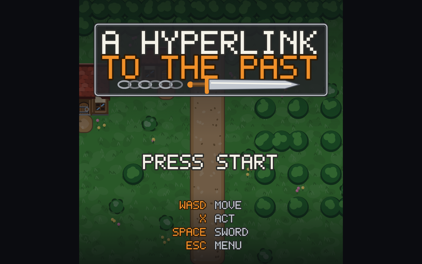 hlttp title screen over an HD field of green trees and a dirt road, with the A Hyperlink to the Past sign and sword, Press Start and the keys for move, act, sword and menu