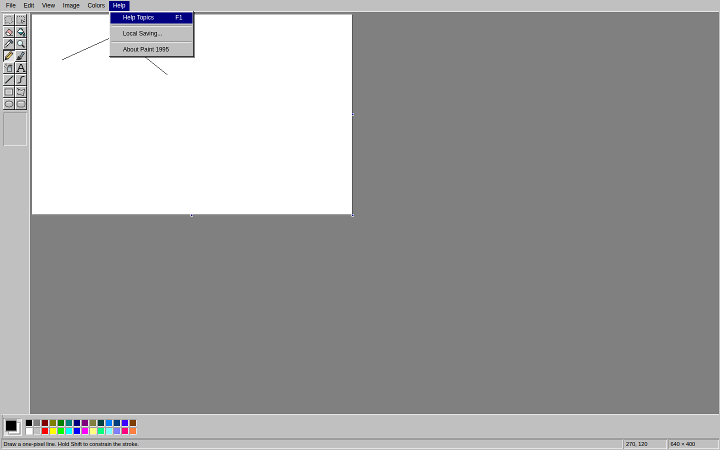 Paint 1995 Help menu with its local recovery and application information choices