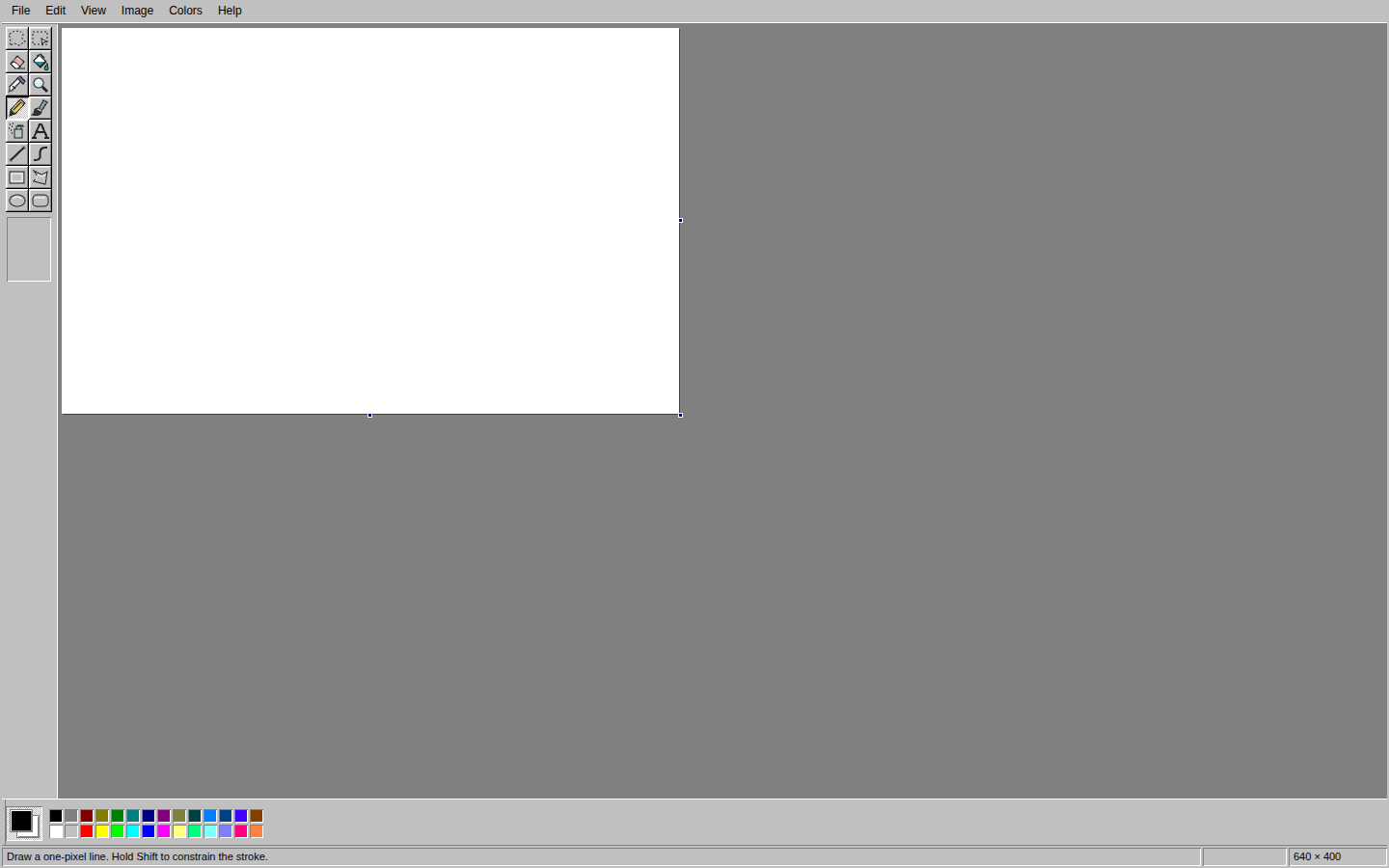 Paint 1995 1.0 toolbox, rendered colour palette and blank drawing canvas