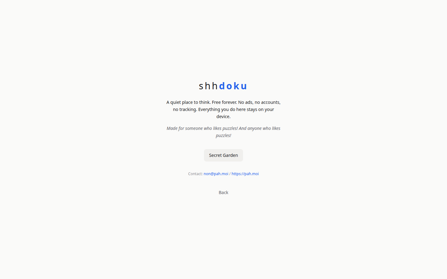 shhdoku.org About page describing its local-only approach and contact details