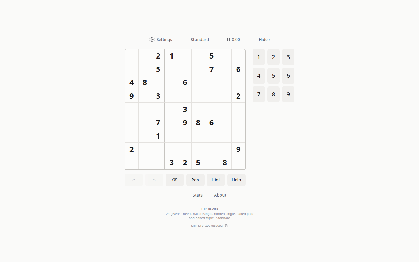 shhdoku.org Standard puzzle with its notes controls and digit pad