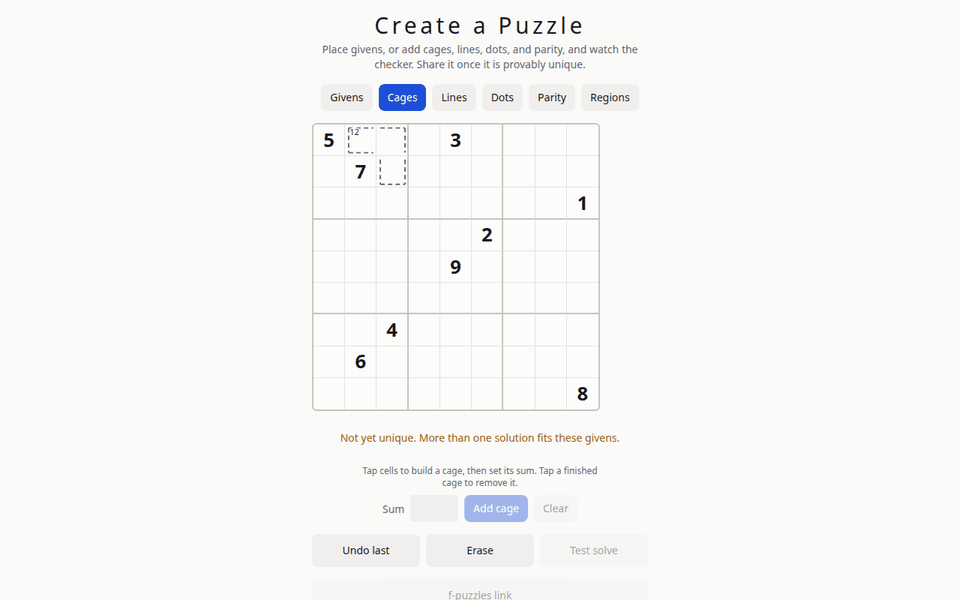 The shhdoku.org puzzle creator with nine givens placed and a 12 cage being drawn, the checker reporting the board is not yet unique
