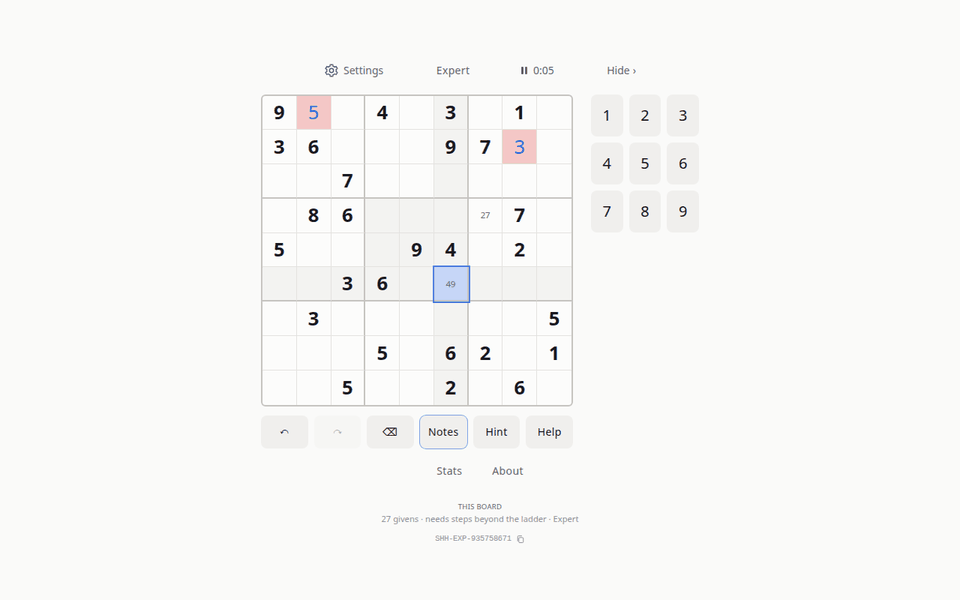 An Expert board on shhdoku.org in the Classic theme, five seconds in: two wrong entries marked in red, pencil marks in two cells, and the digit pad beside the grid