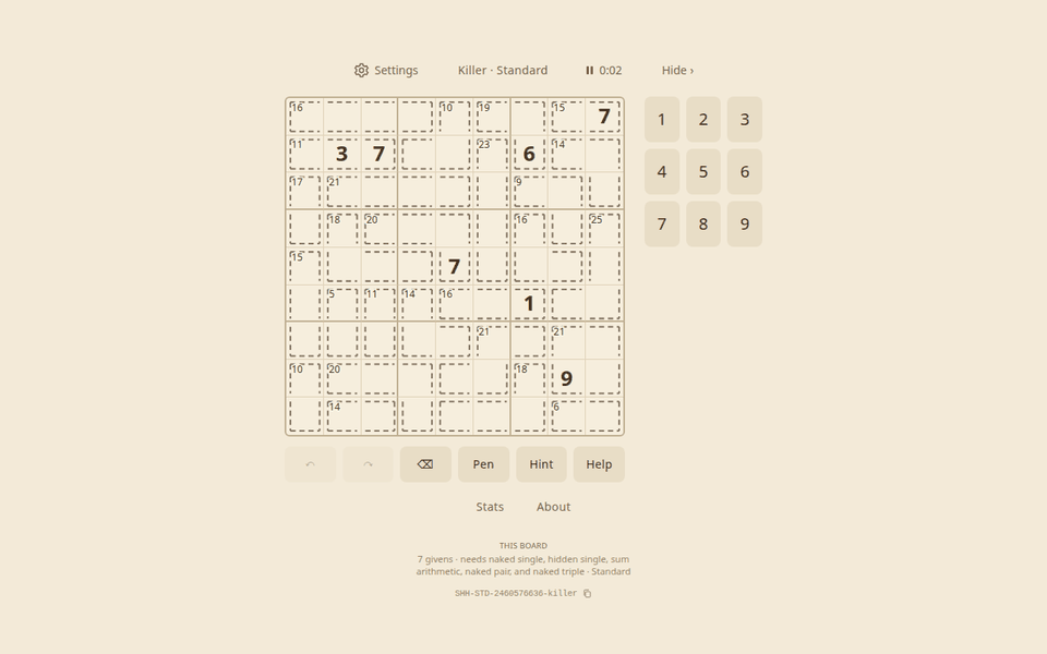 A Killer Sudoku board on shhdoku.org in the Sepia theme: dashed cages with their sums, seven givens, and the board code under the grid