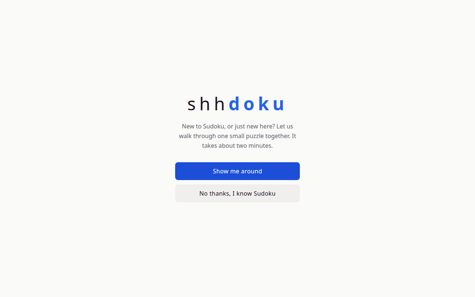 The first-run gate on shhdoku.org, before the menu: the site offers a two-minute walkthrough of one small puzzle, with Show me around and No thanks, I know Sudoku as the two choices