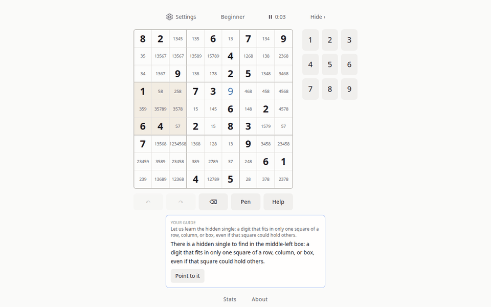 A Techniques lesson on shhdoku.org: a Beginner board with every candidate shown and the guide at the foot asking for a hidden single in the middle-left box