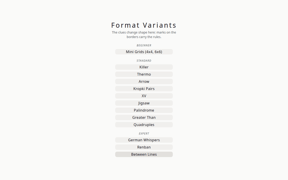 The shhdoku.org Format Variants menu: Mini Grids, Killer, Thermo, Arrow, Kropki, XV, Jigsaw and the rest, grouped by difficulty