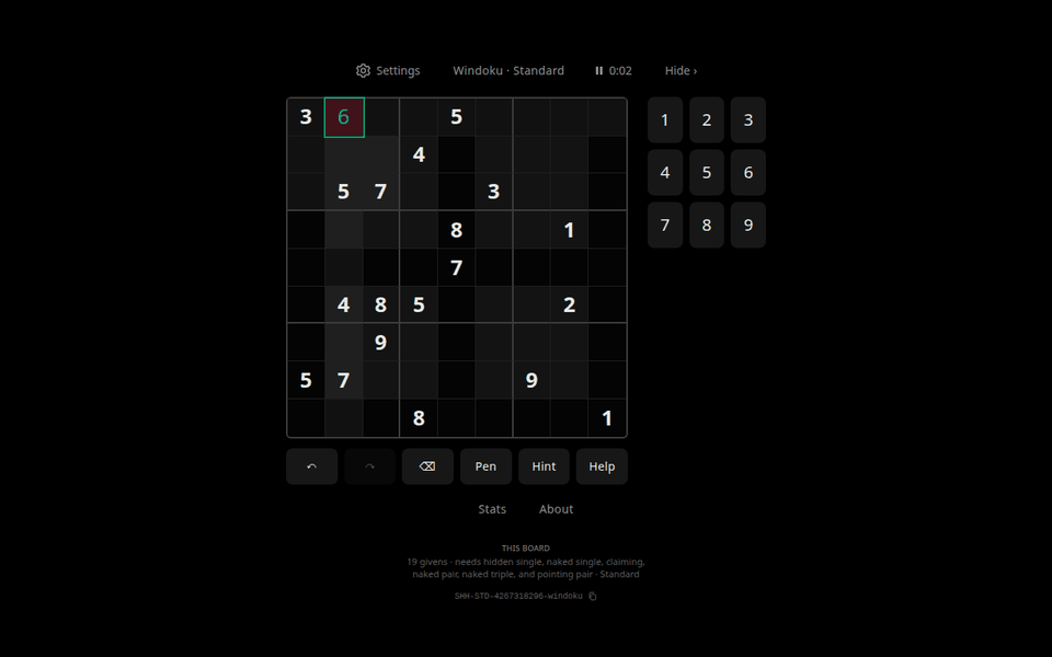 A Windoku board on shhdoku.org in the AMOLED theme: four shaded windows on a black board, with one digit just entered