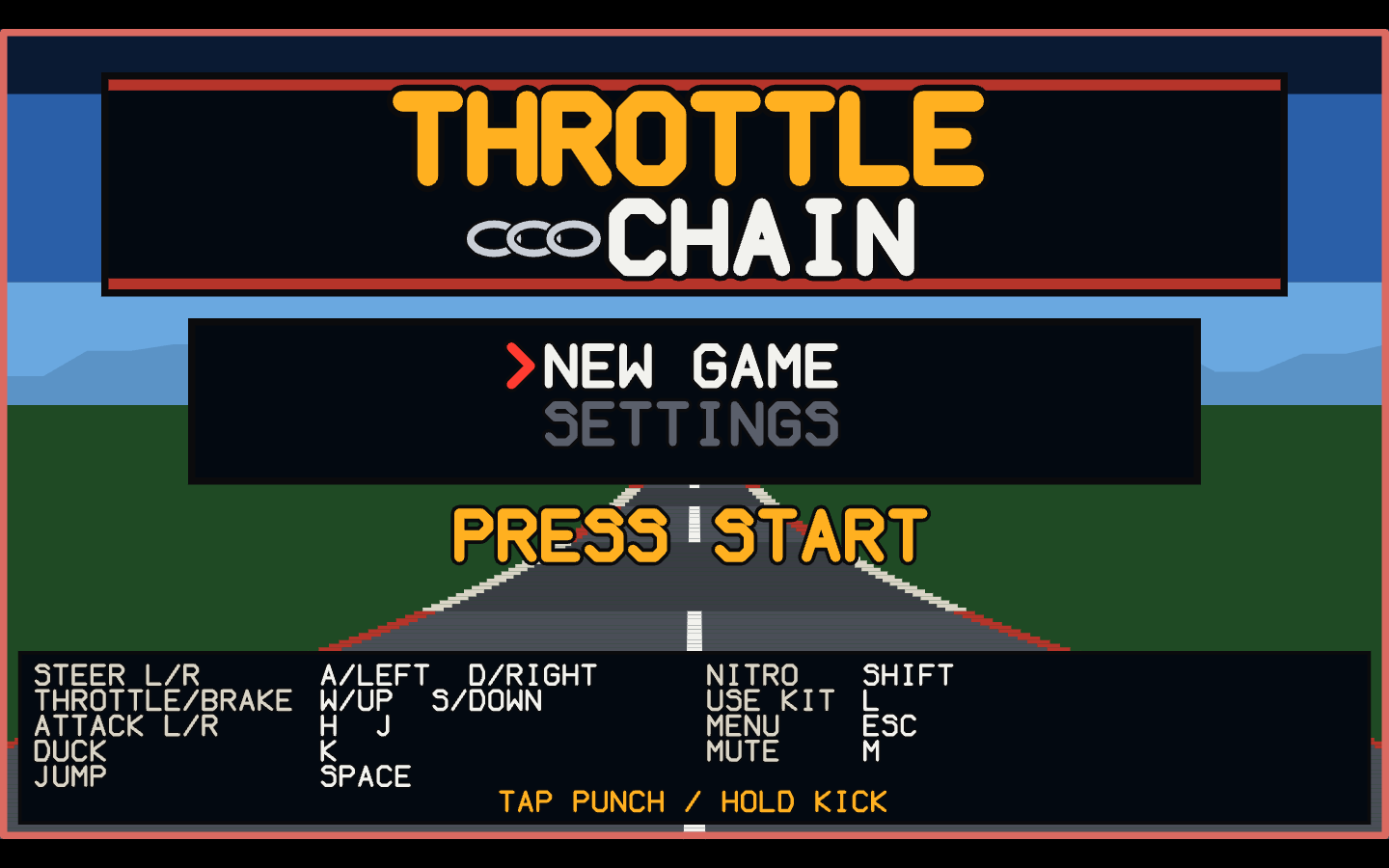 Throttle and Chain 3.2.1 title screen with New Game, Settings and the keyboard legend