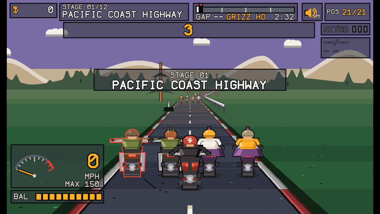TAC stage grid for Pacific Coast Highway with 21 riders, the player bike, rival field, countdown, road, and balance meter visible