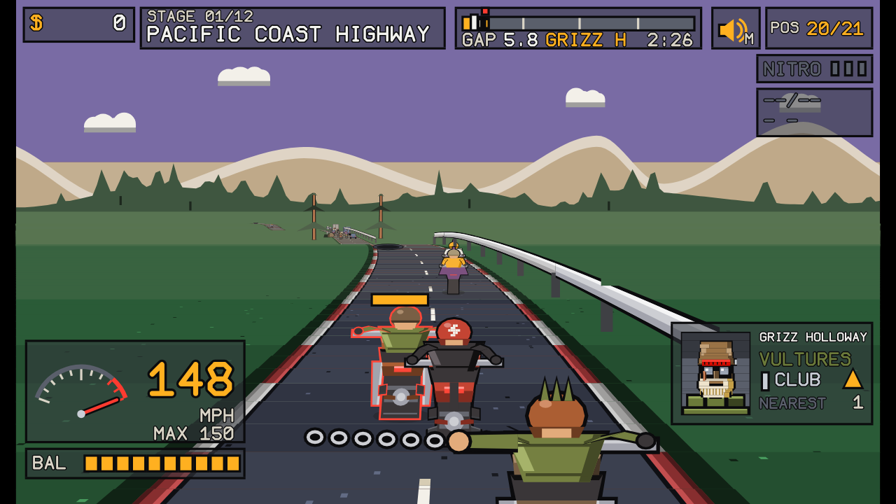 TAC race view on Pacific Coast Highway with the player at 148 MPH, rival riders ahead, a rival profile, traffic and the balance meter visible