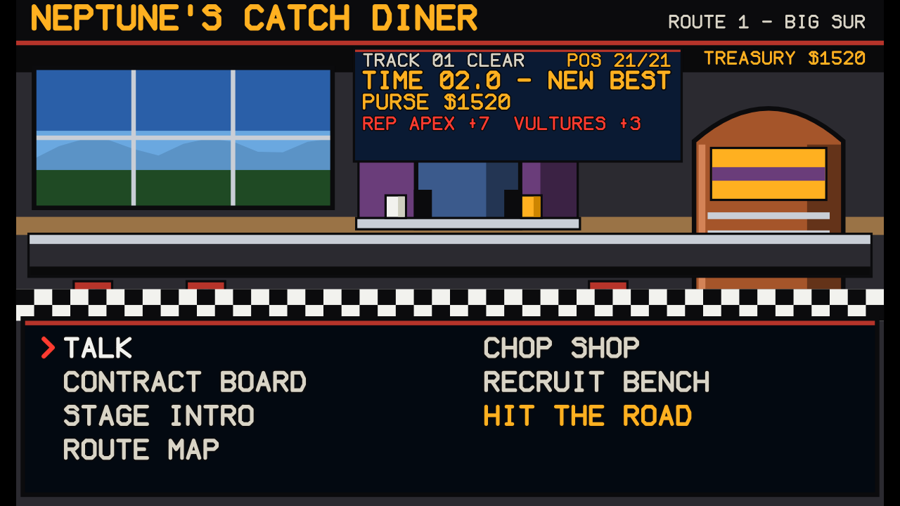 TAC roadhouse after a completed Pacific Coast Highway stage, showing the result card, treasury, and the Talk, Chop Shop, Contract Board, Recruit Bench, Stage Intro, Route Map, and Hit the Road choices