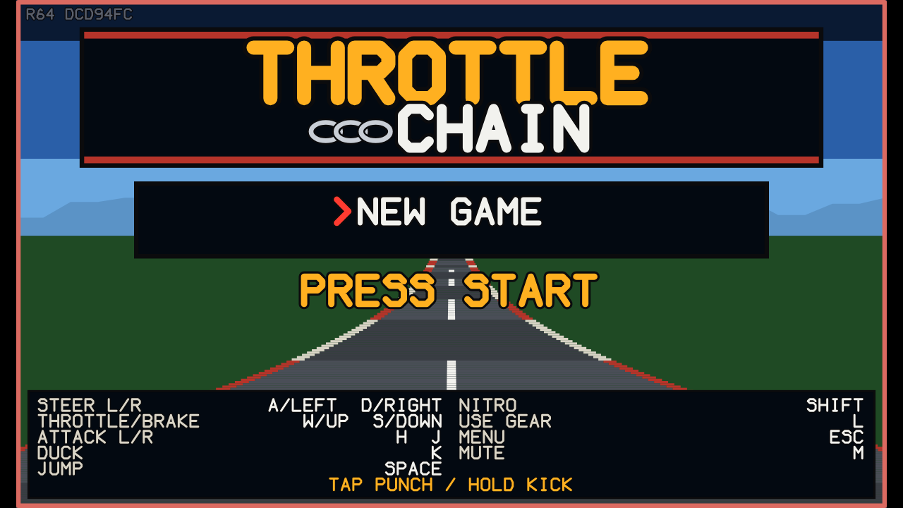 TAC title screen with its Throttle Chain wordmark, New Game selection, Press Start prompt, and keyboard legend