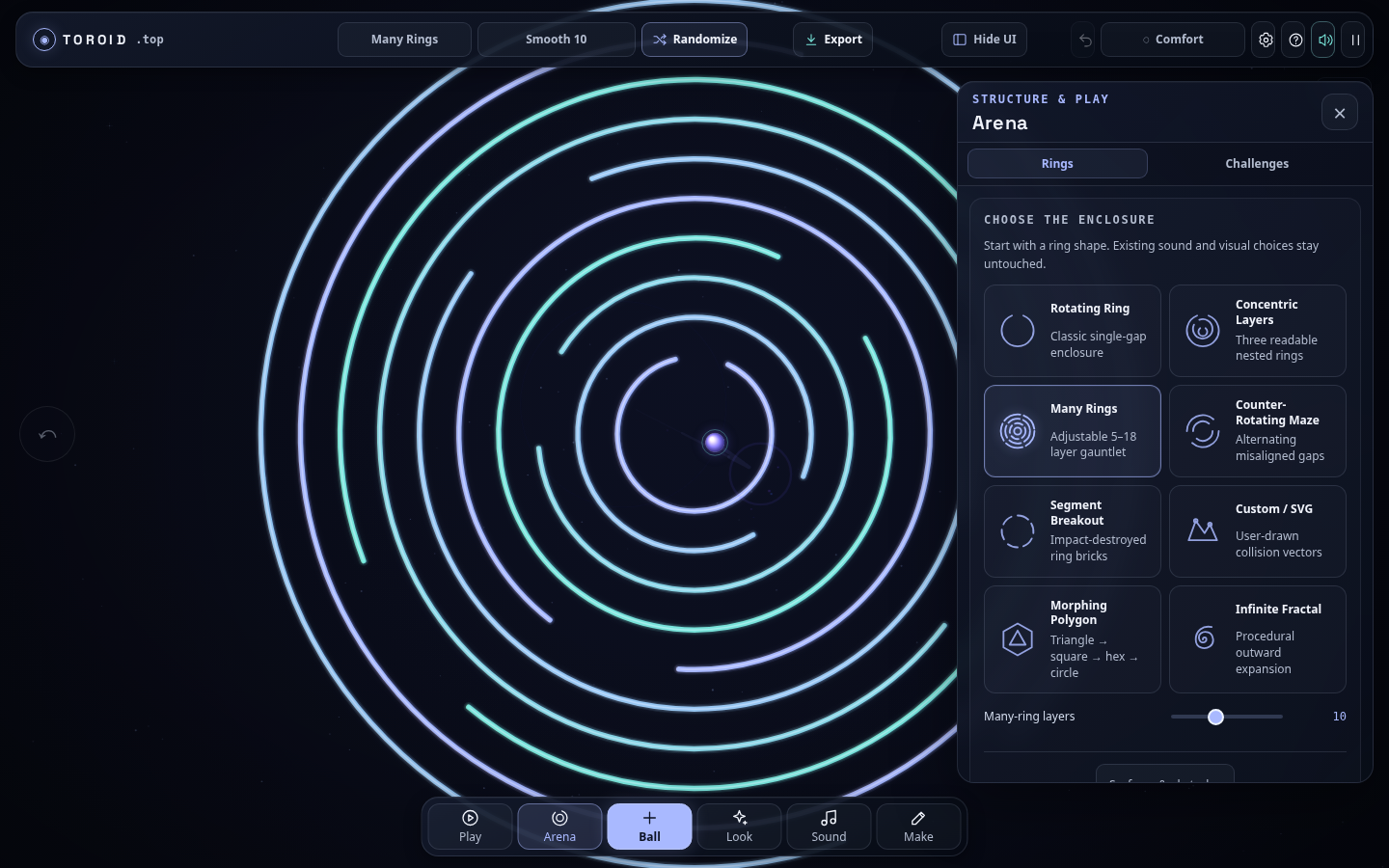 toroid.top 3.0 Many Rings arena and ring controls in Comfort Mode