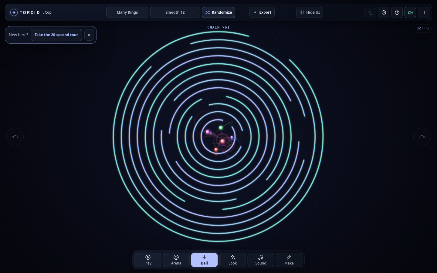 toroid.top 3.0 active Many Rings scene with multiple balls crossing twelve concentric layers