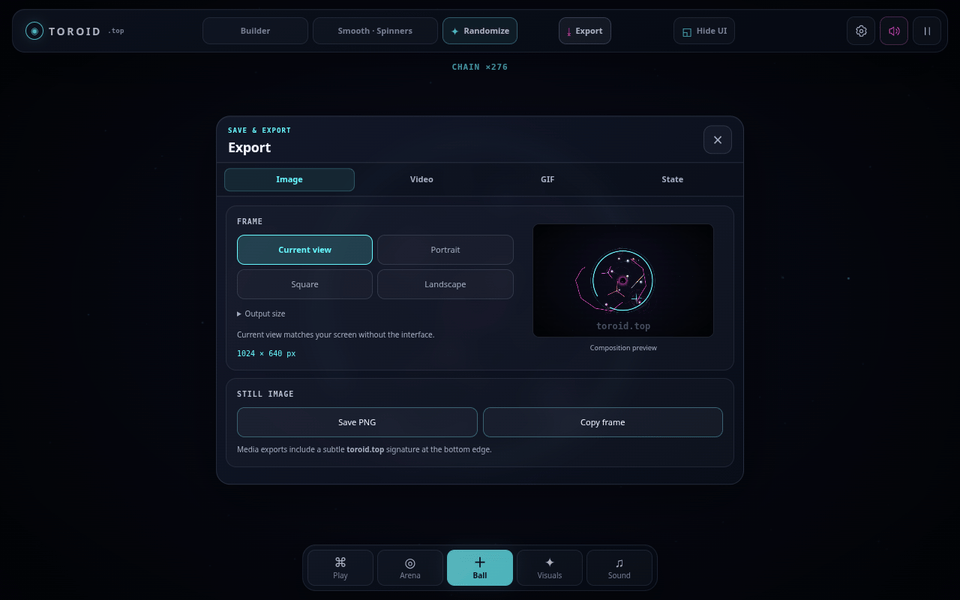 The toroid.top Export dialog on its Image tab: the current view, portrait, square and landscape framing, a composition preview, the Save PNG and Copy frame controls, and the Video, GIF and State tabs beside them