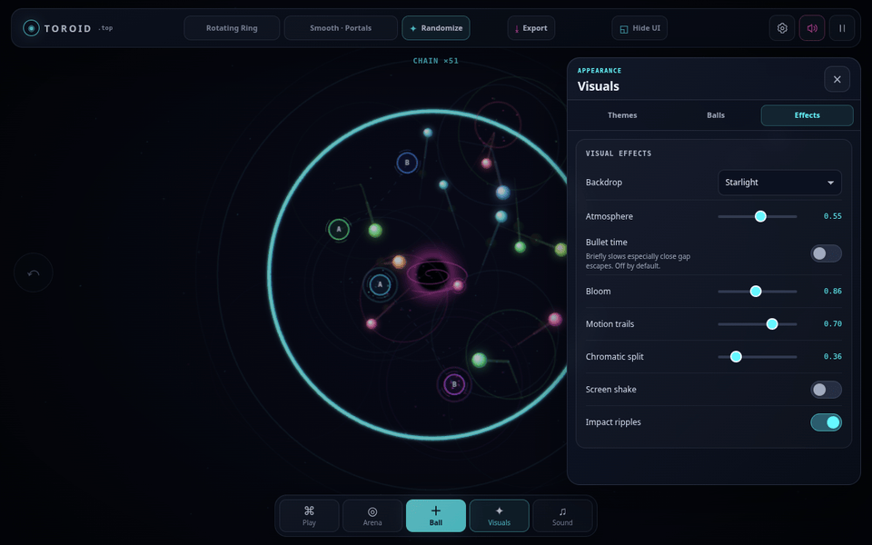 Linked portals and a gravity well on toroid.top, with the Visuals panel open on Effects: bloom, motion trails and the WebGL chromatic split