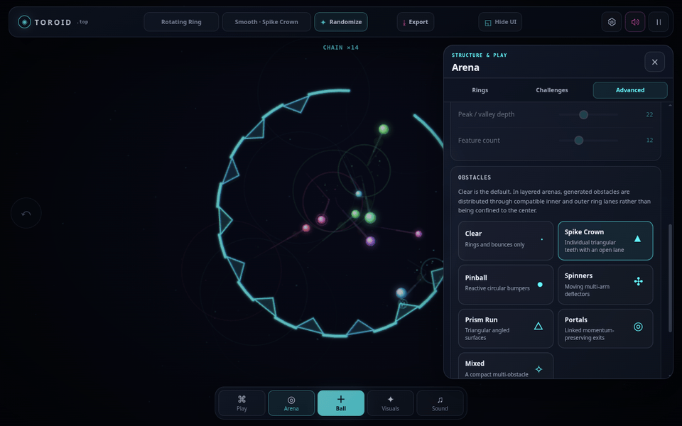 A Spike Crown arena on toroid.top with the Arena panel open on its obstacle presets: Clear, Spike Crown, Pinball bumpers, Spinners, Prism Run, Portals and Mixed