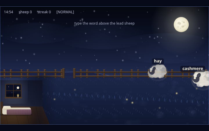 The Typing of the Bed active night with words to type over the moonlit sheep scene
